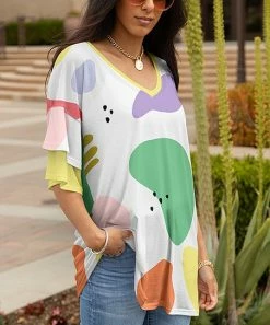 Lily | White & Green Multicolor Abstract V-Neck Ruffle-Sleeve Tunic - Women