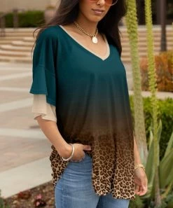 Lily | Teal & Brown Leopard Ombré-Accent Layered Bell-Sleeve Tunic - Women
