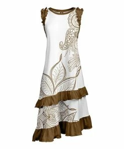 Lily | White & Brown Paisley Ruffle-Accent Sleeveless A-Line Dress - Plus