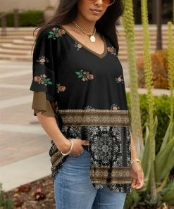 Lily | Black & Brown Floral Damask V-Neck Ruffle-Sleeve Tunic - Plus
