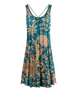 Lily | Teal & Orange Floral Scoop Neck Sleeveless Midi Dress - Women