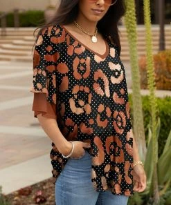 Lily | Black & Brown Jaguar Layered Bell-Sleeve Tunic - Plus