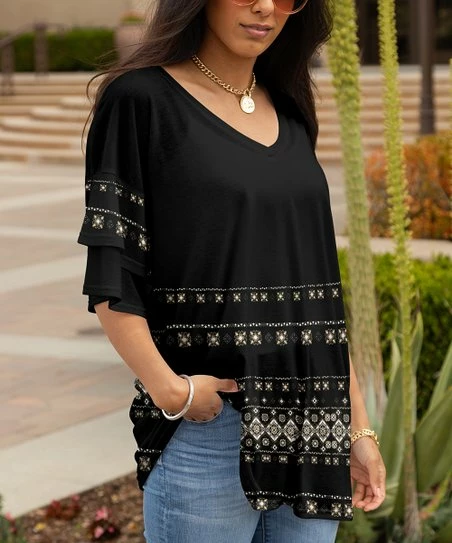 Lily | Black & Beige Geometric Layered Bell-Sleeve Tunic - Plus 1 Lily | Black & Beige Geometric Layered Bell-Sleeve Tunic - Plus