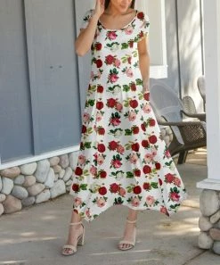 Lily | Red & White Rose Handkerchief Maxi Dress - Plus