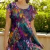 Lily | Purple & Navy Abstract Floral Flutter-Sleeve Tunic - Women