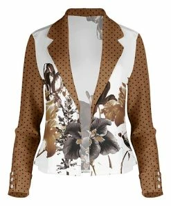 Lily | Brown & White Floral Polka Dot Notched Lapel Blazer - Women