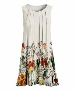 Lily | Cream & Orange Floral Pleat-Front Sleeveless Tunic - Plus