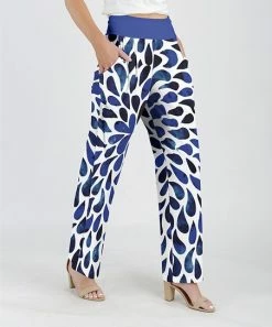 Lily | Blue & White Abstract Petals High-Waist Straight-Leg Pants - Plus