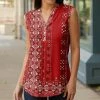 Lily | Red & White Geometric Button-Front Sleeveless Tunic - Plus