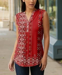 Lily | Red & White Geometric Button-Front Sleeveless Tunic - Plus