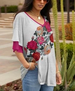Lily | Gray & Red Roses Ruffle-Sleeve V-Neck Tunic - Plus