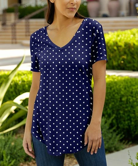 Lily | Navy & White Dot Short-Sleeve V-Neck Tunic - Women 1 Lily | Navy & White Dot Short-Sleeve V-Neck Tunic - Women