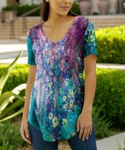 Lily | Turquoise & Purple Floral Short-Sleeve V-Neck Tunic - Women