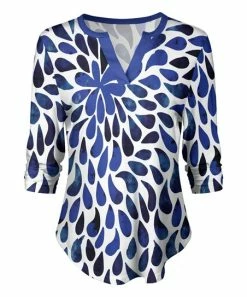 Lily | White & Blue Brushstroke Three-Quarter Sleeve Notch Neck Top - Plus
