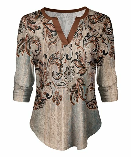 Lily | Beige & Brown Floral Three-Quarter Sleeve Notch Neck Top - Women 1 Lily | Beige & Brown Floral Three-Quarter Sleeve Notch Neck Top - Women