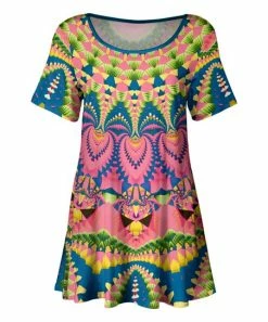 Lily | Pink & Blue Geometric Pleated Short-Sleeve Tunic - Women