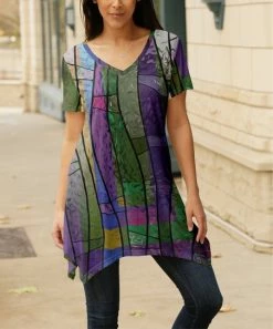 Lily | Green & Purple Stained Glass V-Neck Sidetail Tunic - Women