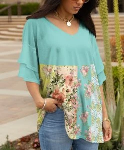 Lily | Aqua & Green Patchwork Floral Ruffle-Sleeve Tunic - Plus