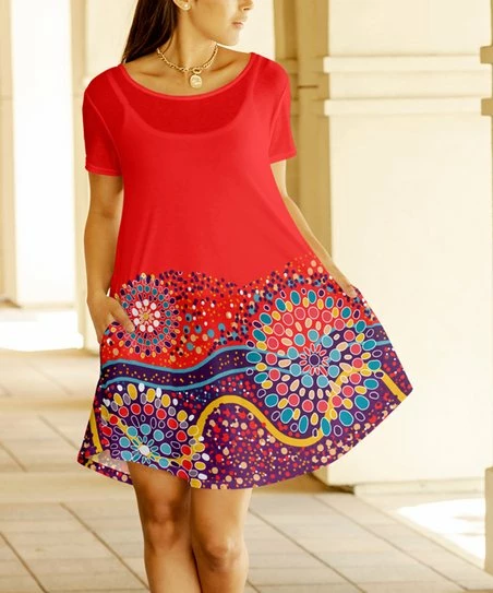 Lily | Red & Purple Abstract Boatneck Pocket Shift Dress - Plus 1 Lily | Red & Purple Abstract Boatneck Pocket Shift Dress - Plus