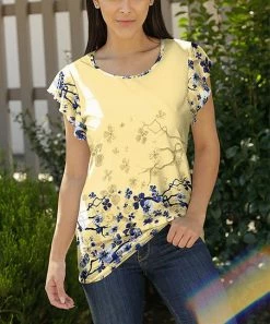 Lily | Yellow & Blue Floral Flutter-Sleeve Tunic - Women