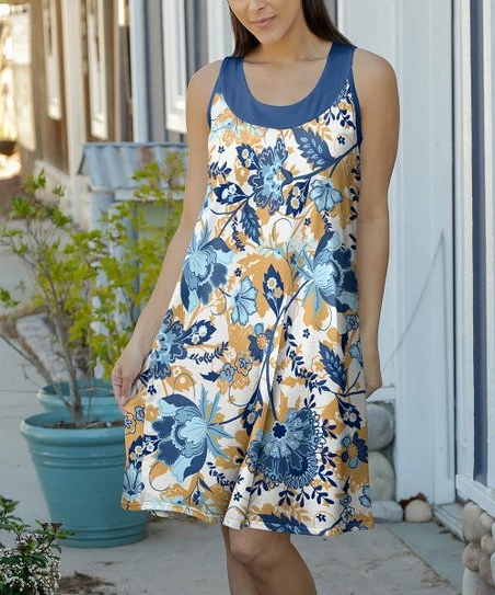 Lily | Blue & Beige Floral Sleeveless Scoop Neck Dress - Plus 1 Lily | Blue & Beige Floral Sleeveless Scoop Neck Dress - Plus