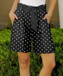 Lily | Black & White Polka Dot Tie-Waist Pocket Shorts - Plus