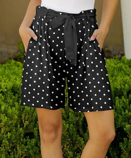 Lily | Black & White Polka Dot Tie-Waist Pocket Shorts - Plus 1 Lily | Black & White Polka Dot Tie-Waist Pocket Shorts - Plus