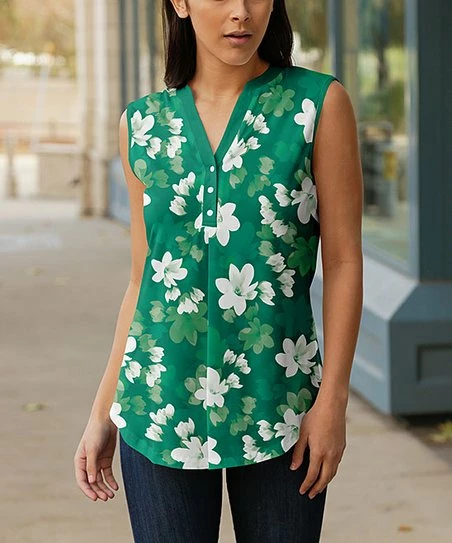 Lily | Green & White Floral Sleeveless Button-Front Tunic - Women 1 Lily | Green & White Floral Sleeveless Button-Front Tunic - Women