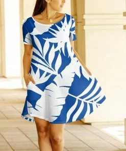 Lily | Blue & White Palm Leaves Short-Sleeve Swing Dress - Women