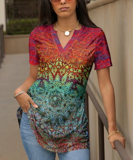 Lily | Red & Teal Mandala Velvet Notch Neck Tunic - Plus 1 Lily | Red & Teal Mandala Velvet Notch Neck Tunic - Plus