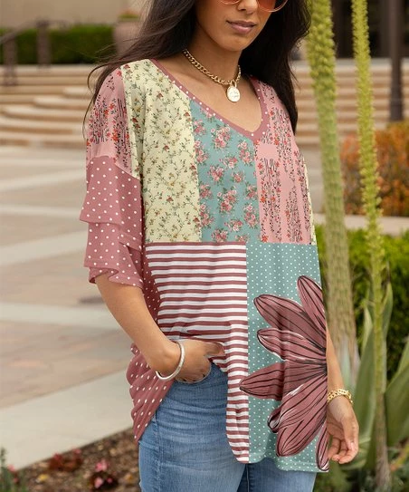 Lily | Mauve & Teal Patchwork Floral Ruffle-Sleeve V-Neck Tunic - Women 1 Lily | Mauve & Teal Patchwork Floral Ruffle-Sleeve V-Neck Tunic - Women