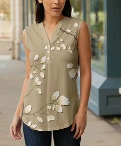 Lily | Mocha & Cream Botanical Button-Front Sleeveless Tunic - Plus