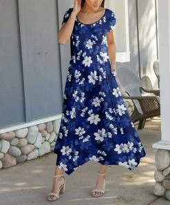 Lily | Navy & White Floral Short-Sleeve Handkerchief Maxi Dress - Women