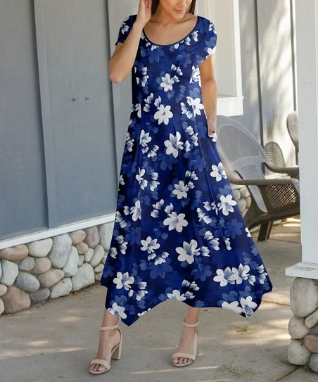 Lily | Navy & White Floral Short-Sleeve Handkerchief Maxi Dress - Women 1 Lily | Navy & White Floral Short-Sleeve Handkerchief Maxi Dress - Women