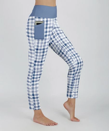 Lily | Blue & White Gingham Pocket High-Waist Leggings - Plus 1 Lily | Blue & White Gingham Pocket High-Waist Leggings - Plus