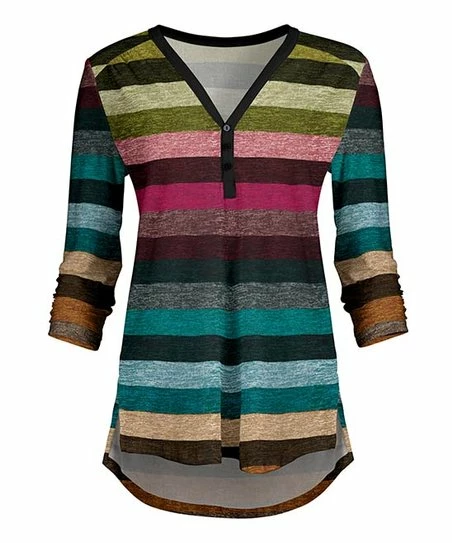 Lily | Olive & Blue Stripe Button-Accent V-Neck Tunic - Women & Plus 1 Lily | Olive & Blue Stripe Button-Accent V-Neck Tunic - Women & Plus