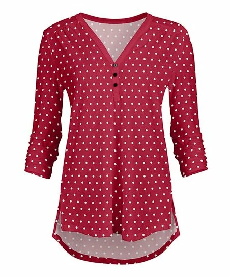 Lily | Pink & White Polka Dot Button-Accent V-Neck Tunic - Plus 1 Lily | Pink & White Polka Dot Button-Accent V-Neck Tunic - Plus