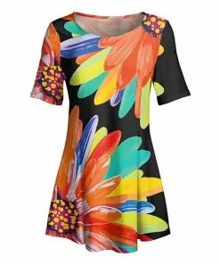Lily | Black & Orange Floral Short-Sleeve Boatneck Tunic - Women
