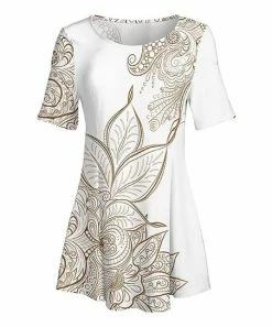 Lily | White & Brown Floral Short-Sleeve Boatneck Tunic - Women & Plus