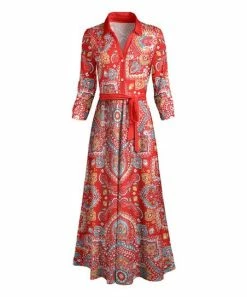Lily | Red & White Arabesque Button-Front Tie-Waist Shirt Dress - Women
