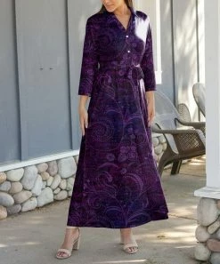 Lily | Purple & Black Paisley Tie-Waist Maxi Shirt Dress - Women