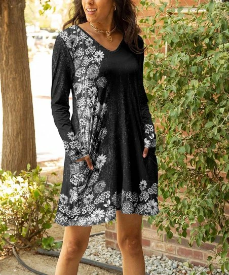 Lily | Black & White Flower Pocket Long-Sleeve Shift Dress - Women 1 Lily | Black & White Flower Pocket Long-Sleeve Shift Dress - Women