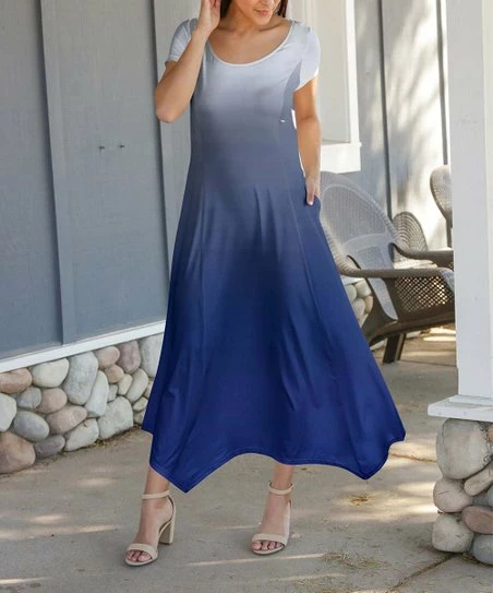 Lily | Gray & Blue Ombré Pocket Handkerchief Maxi Dress - Women 1 Lily | Gray & Blue Ombré Pocket Handkerchief Maxi Dress - Women