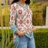Lily | White & Blue Arabesque Three Quarter-Sleeve V-Neck Tunic - Women