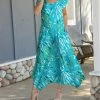 Lily | Aqua & Green Foliage Short-Sleeve Midi Handkerchief Dress - Women