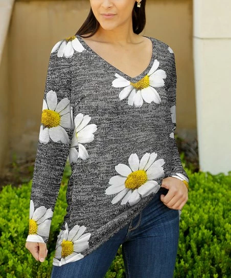 Lily | Gray & White Heather Daisies Deep V-Neck Asymmetrical Top - Plus 1 Lily | Gray & White Heather Daisies Deep V-Neck Asymmetrical Top - Plus