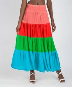Lily | Red Multicolor Color Block Maxi Skirt - Women