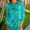 Lily | Aqua & Yellow Floral Curved-Hem Boatneck Tunic - Women