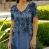 Lily | Black & Blue Damask Short-Sleeve V-Neck Tunic - Women & Plus