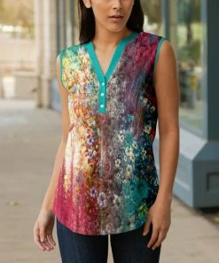 Lily | Turquoise & Pink Watercolor Sleeveless Button-Front Tunic - Women